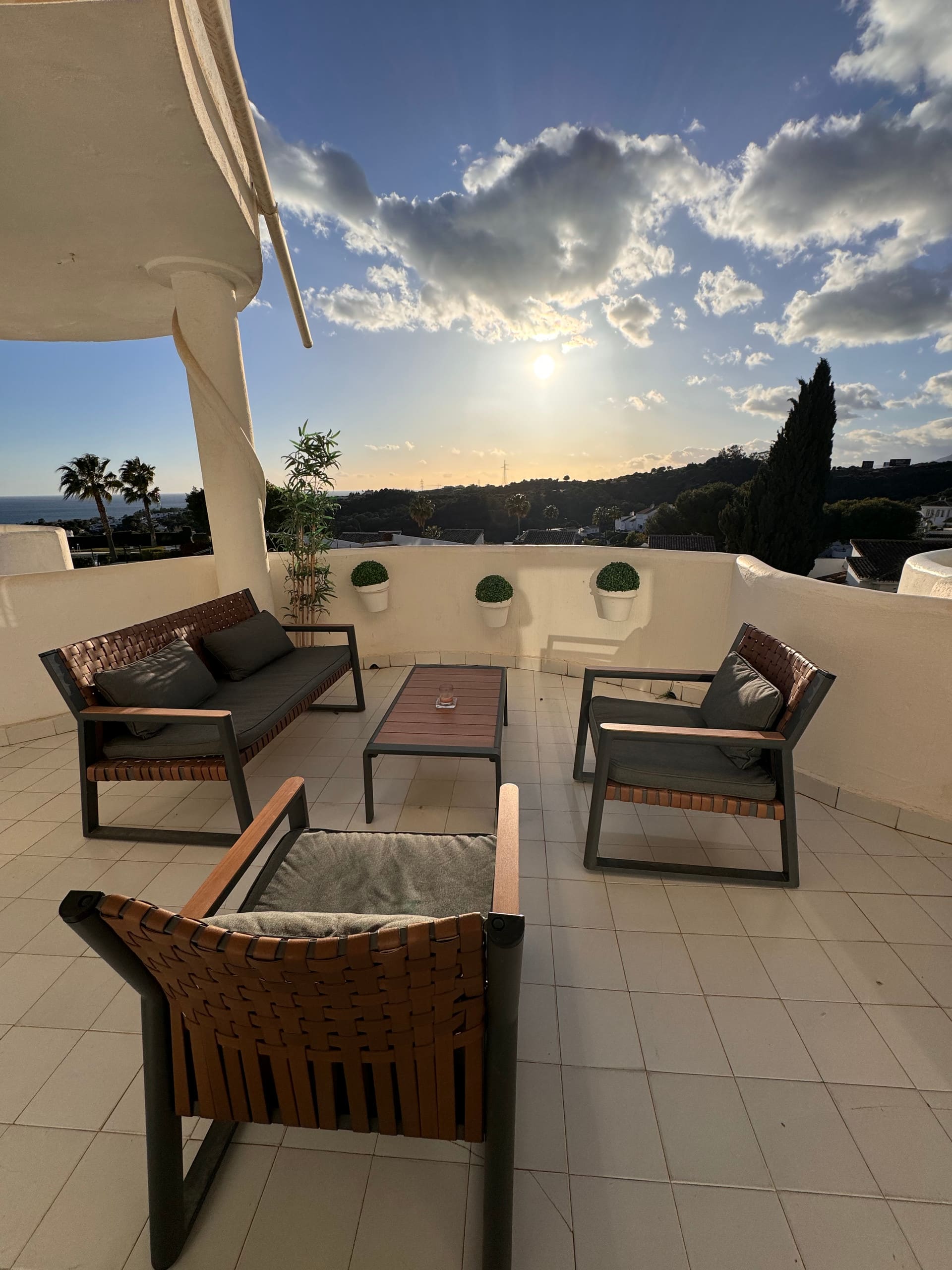 Sun terrace at sunset overlooking the Mediterranean — La Casa Neil Calahonda